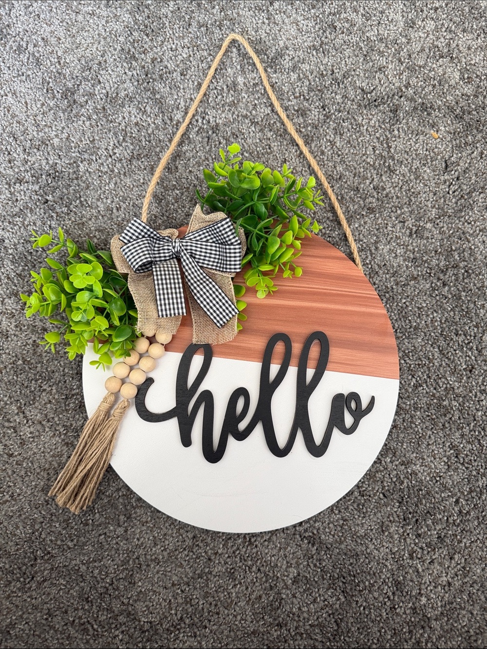 Hello Round Wood Door Hanger with Greenery and Black Script